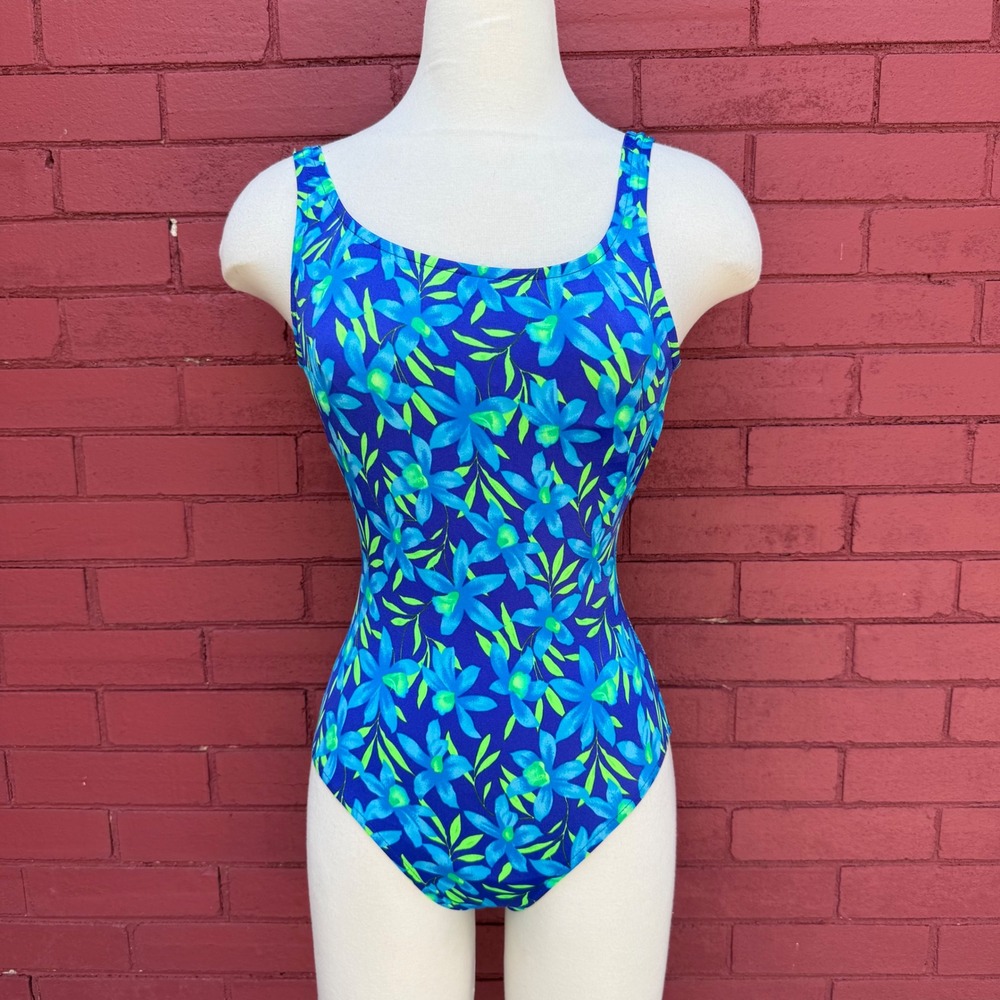 Pacific Connections Vintage One Piece Swimsuit Blue Floral Size 8 USA Bright
